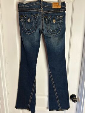 True Religion Women's Dark Blue Flared Bell Bottom Jeans with Contrast Stitching
